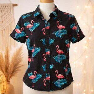WESTY Flamingo Palm Button-Up Shirt M Tropical Resortcore Cotton Vacation Vibes